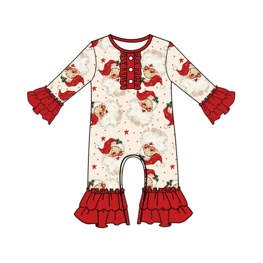 presale LR2395 Baby Kids Long Ruffle Sleeves Santa Stars Button Pant Rompers   D 7.4
