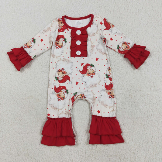 LR2395 Baby Kids Long Ruffle Sleeves Santa Stars Button Pant Rompers D 7.16