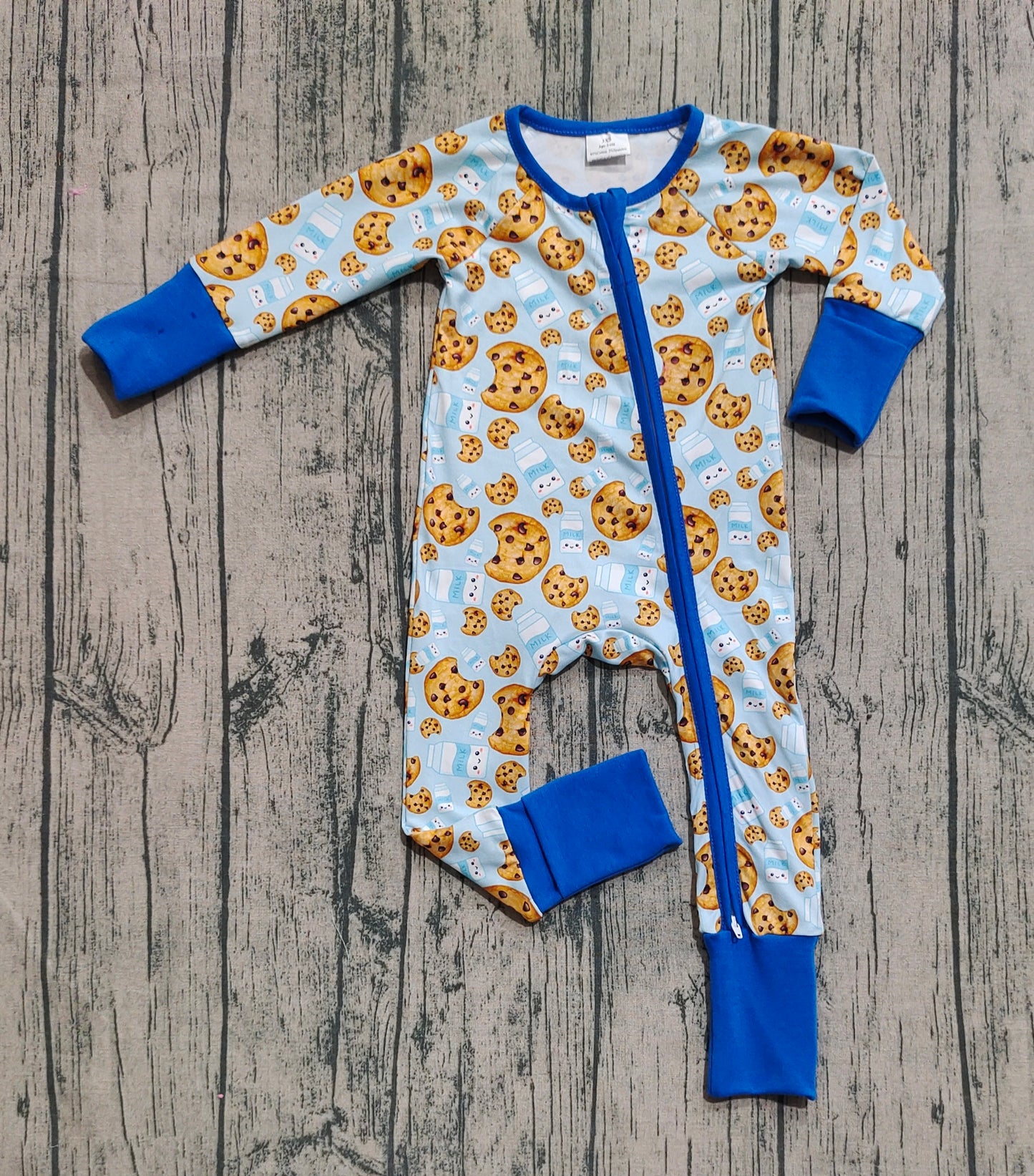 LR2397 Baby Boys Blue Long Sleeves Milk Cookies Zipper Pant Rompers  D 7.16
