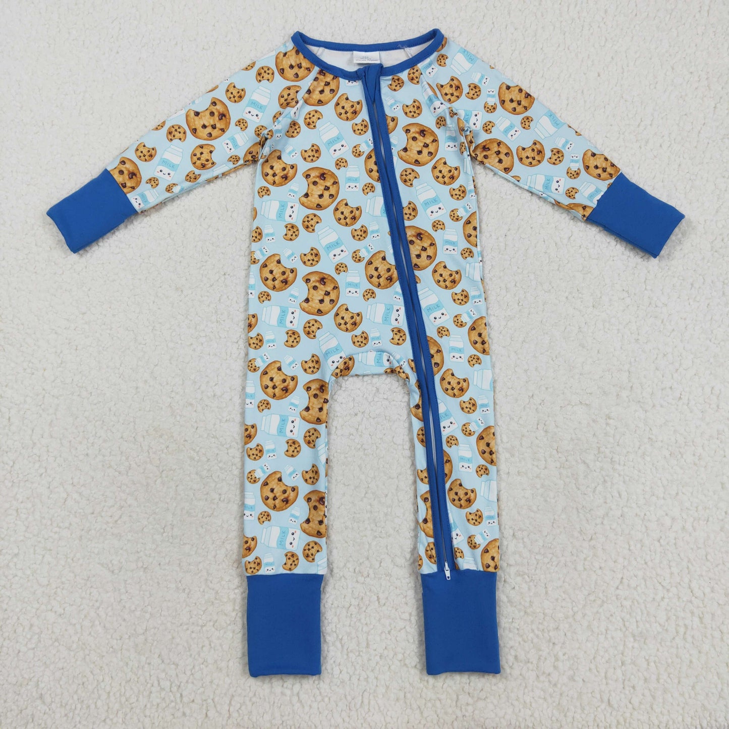 LR2397 Baby Boys Blue Long Sleeves Milk Cookies Zipper Pant Rompers  D 7.16