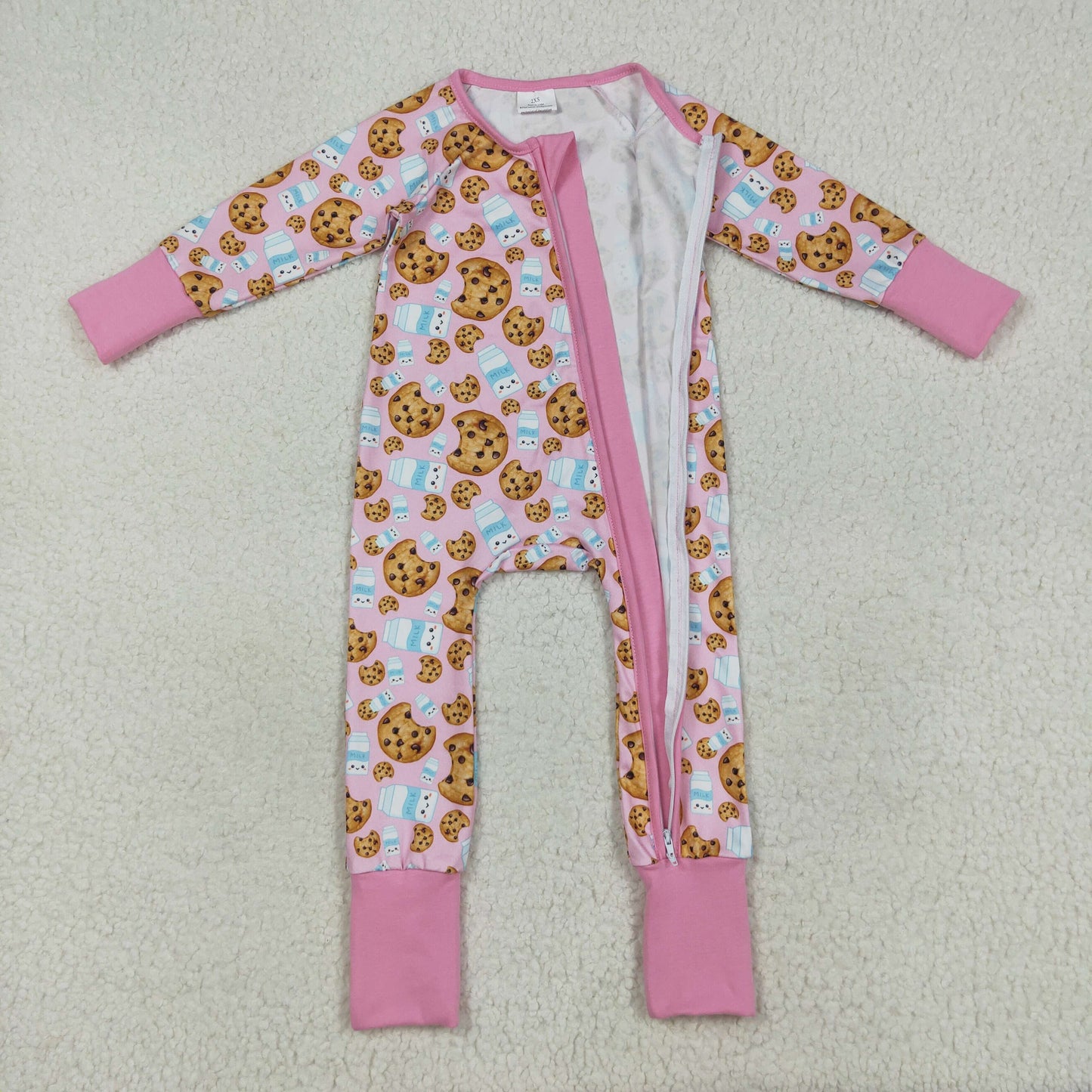LR2398  Baby Girls Pink Long Sleeves Milk Cookies Zipper Pant Rompers  D 7.16