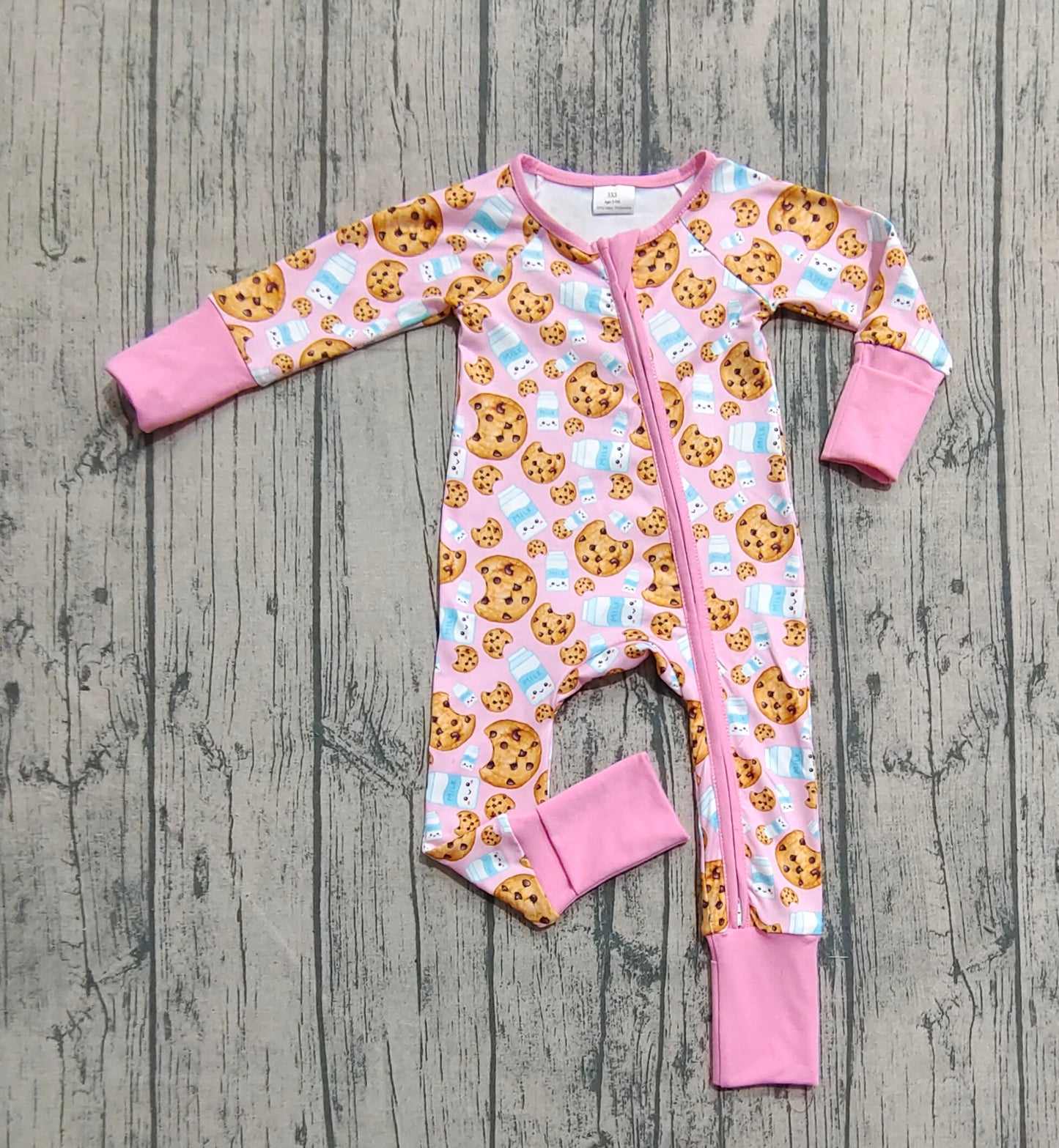 LR2398  Baby Girls Pink Long Sleeves Milk Cookies Zipper Pant Rompers  D 7.16