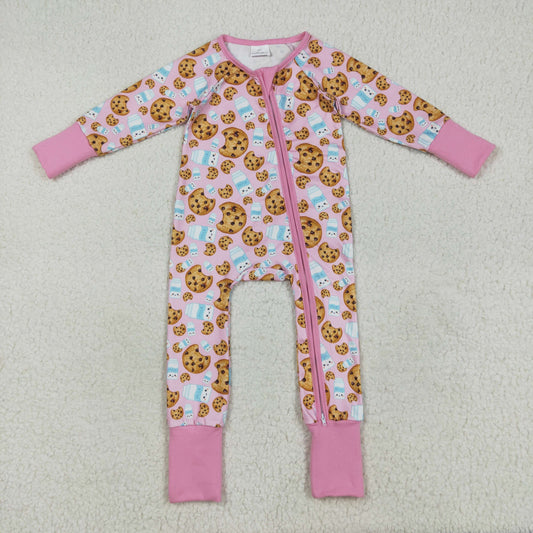 LR2398  Baby Girls Pink Long Sleeves Milk Cookies Zipper Pant Rompers  D 7.16