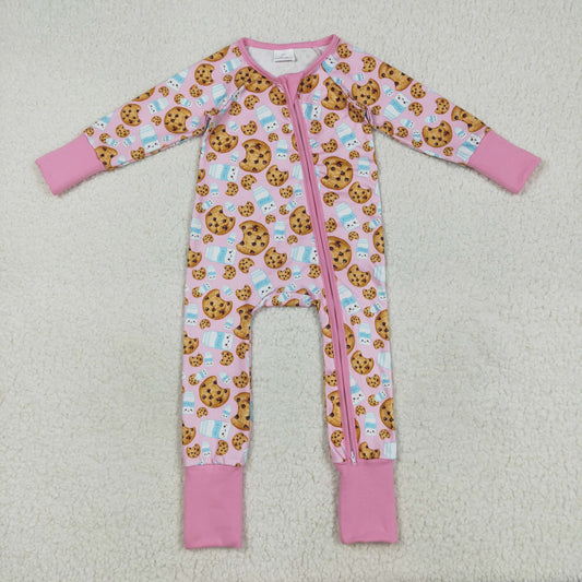 LR2398 Baby Girls Pink Long Sleeves Milk Cookies Zipper Pant Rompers D 7.16