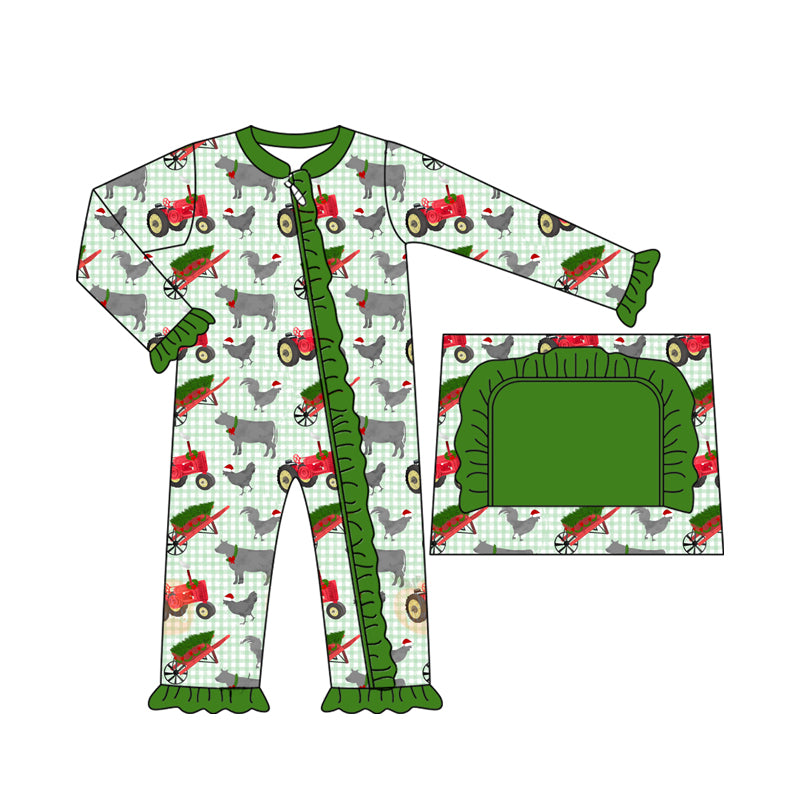 presale LR2399 Baby Girls Green Plaid Christmas Hats Farm Ruffle Zipper Pant Rompers D 7.4