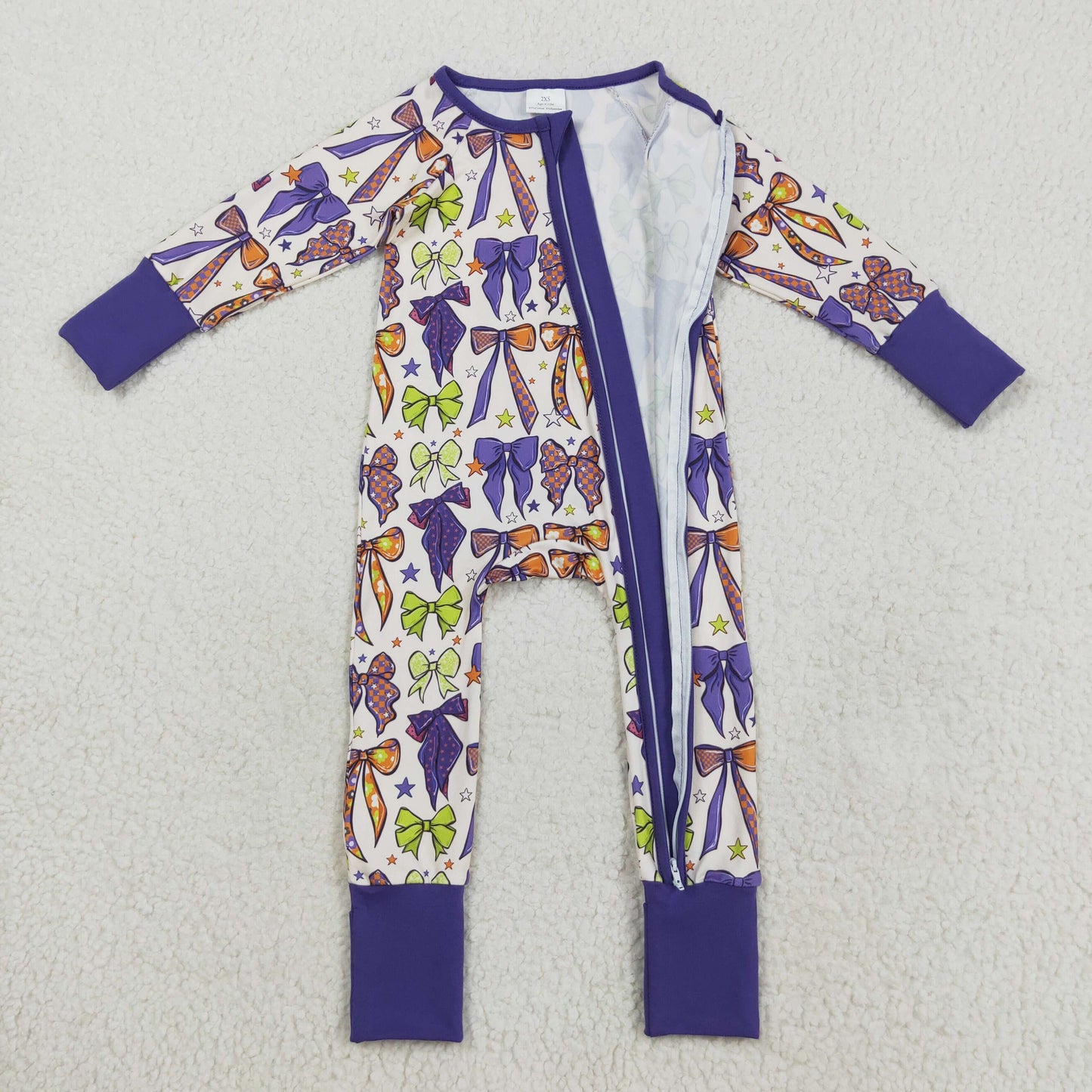 LR2403 Baby Girls Long Sleeves Purple Bows Plaid Zipper Pant Rompers  D 7.5