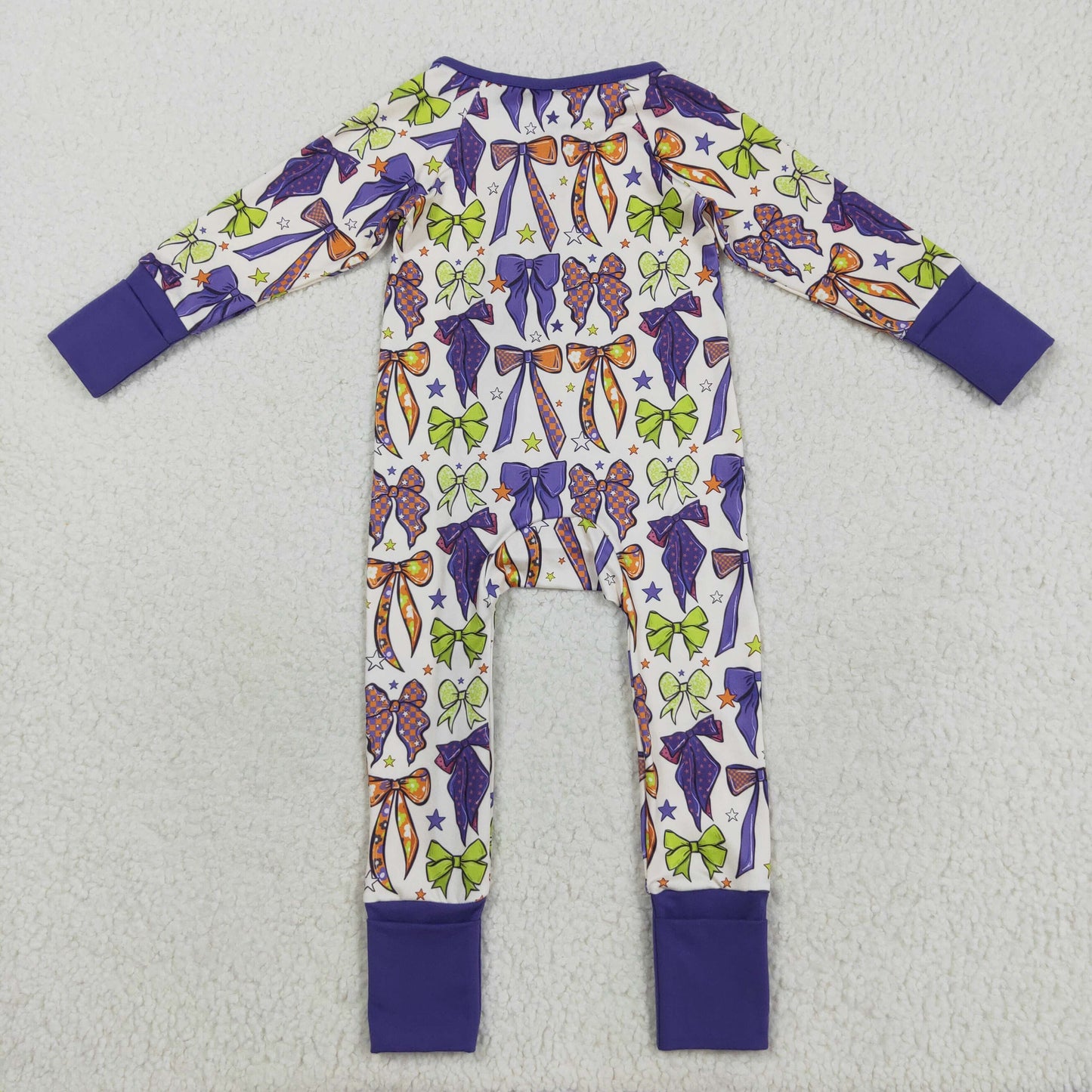 LR2403 Baby Girls Long Sleeves Purple Bows Plaid Zipper Pant Rompers  D 7.5