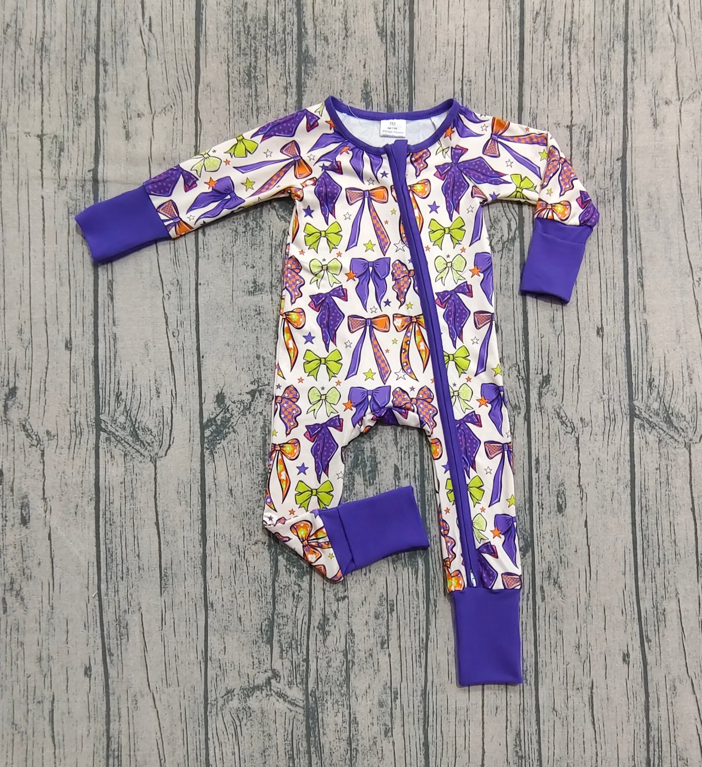LR2403 Baby Girls Long Sleeves Purple Bows Plaid Zipper Pant Rompers  D 7.5