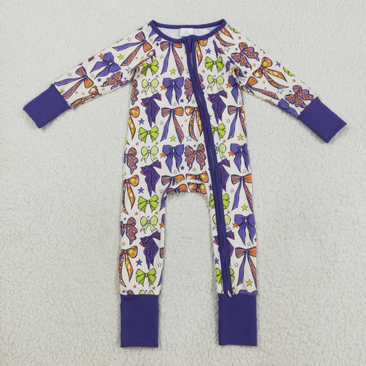 LR2403 Baby Girls Long Sleeves Purple Bows Plaid Zipper Pant Rompers  D 7.5