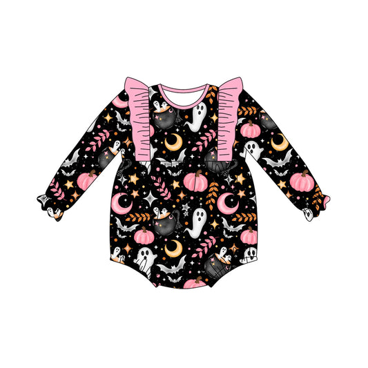 presale LR2406 Baby Girls Black Long Ruffle Sleeves Ghost Pumpkins Plaid Rompers D 7.5