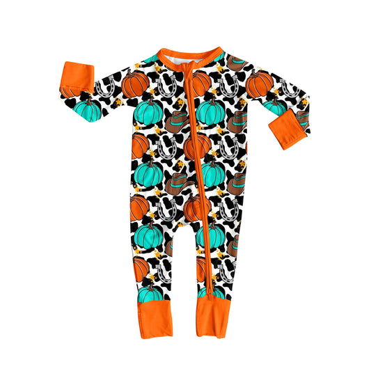 presale LR2408 Baby Boys Long Sleeves Cow Print Pumpkins Zipper Pant Rompers D 7.5