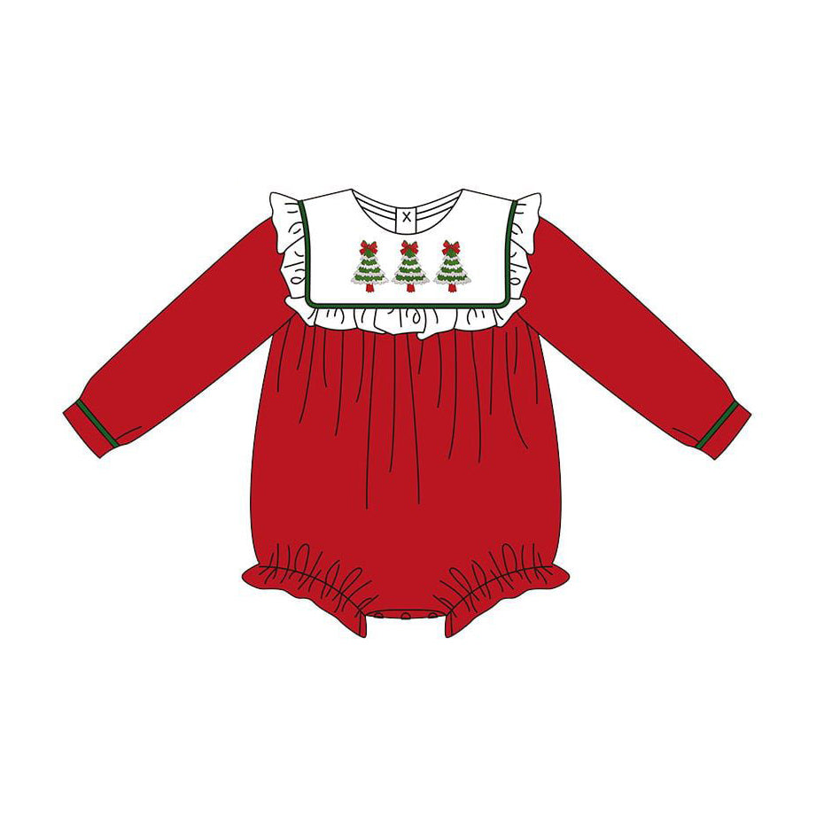 presale   LR2410 Baby Girls Red Long Sleeves Bows Trees Ruffle Rompers    D 7.5