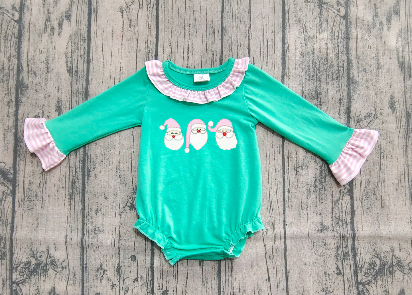 LR2411  Baby Girls Green Long Sleeves Santa Ruffle Rompers   D 821