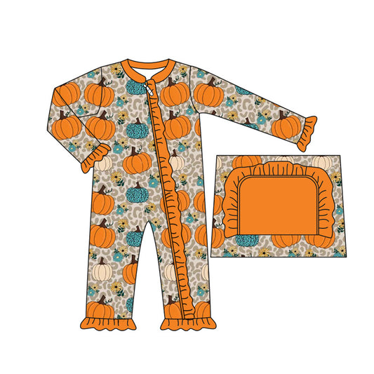 presale LR2413 Baby Girls Long Ruffle Sleeves Leopard Pumpkins Flowers Zipper Rompers D 7.8