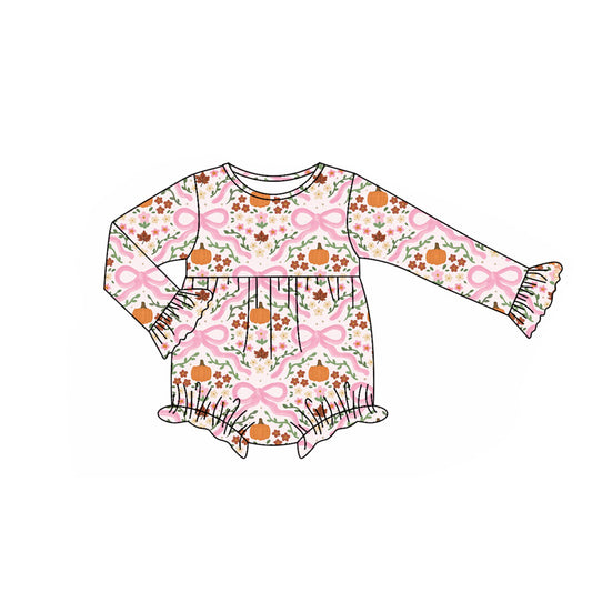 presale LR2414 Baby Girls Long Sleeves Bows Floral Pumpkins Ruffle Rompers D 7.8