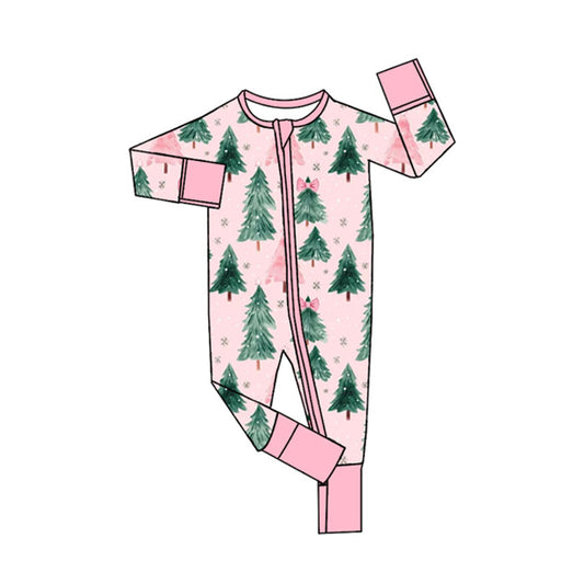 presale LR2415 Baby Girls Pink Long Sleeves Bows Trees Zipper Rompers  D 7.8