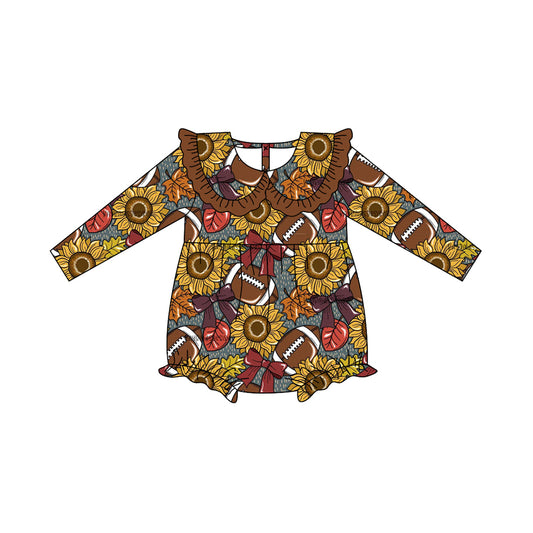 presale LR2416 Baby Girls Brown Long Sleeves Sunflower Footballs Ruffle Rompers D 7.8