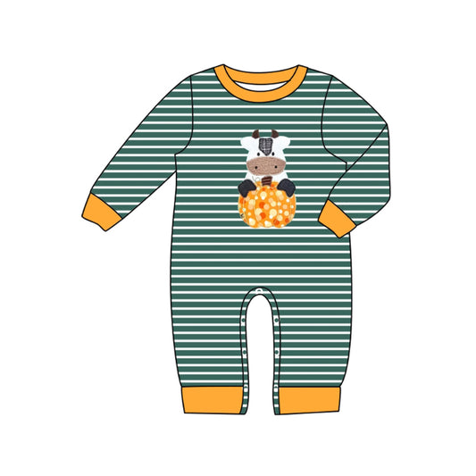 presale LR2418 Baby Boys Green Stripe Long Sleeves Cow Pumpkins Pant Rompers D 7.8