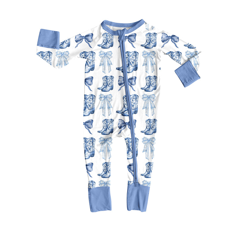 presale LR2420 Baby Boys Long Sleeves Blue Bows Boots Plaid Zipper Pant Rompers D 7.11