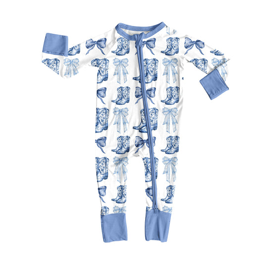 presale LR2420 Baby Boys Long Sleeves Blue Bows Boots Plaid Zipper Pant Rompers D 7.11
