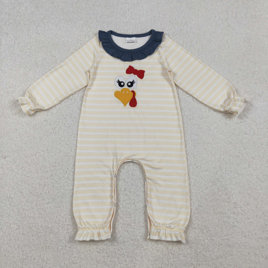 LR2424  Embroidery Turkey Baby Girls Stripe Thanksgiving Ruffle Footie Rompers D 1020