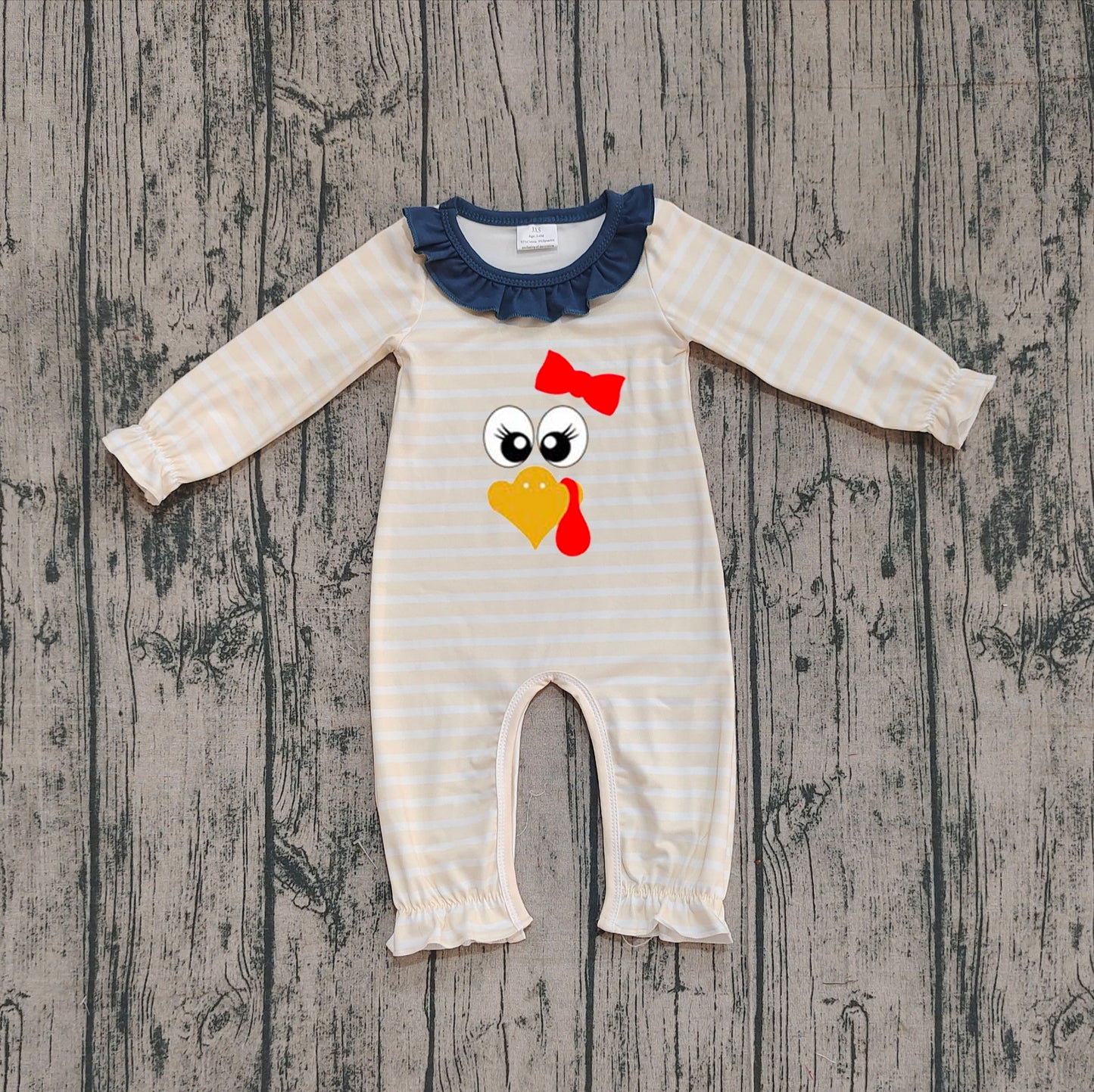 LR2424  Embroidery Turkey Baby Girls Stripe Thanksgiving Ruffle Footie Rompers D 1020