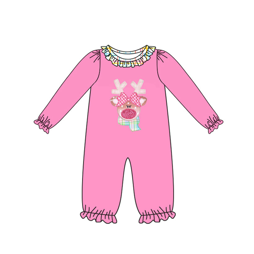 presale LR2426  Baby Girls Pink Long Sleeves Christmas Deer Ruffle Pant Rompers D 7.11
