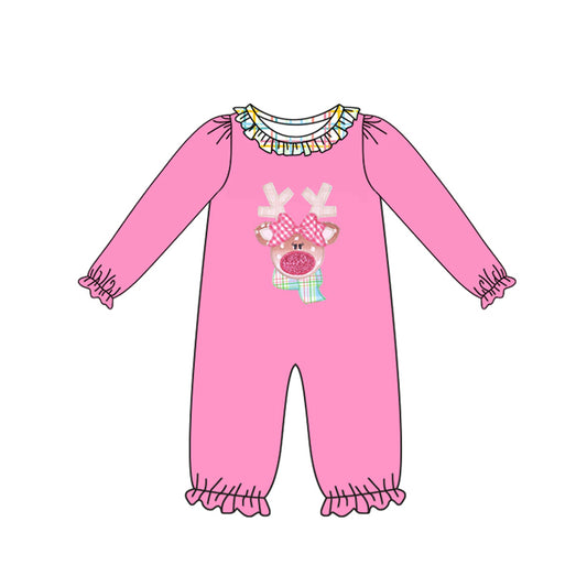 presale LR2426 Baby Girls Pink Long Sleeves Christmas Deer Ruffle Pant Rompers D 7.11