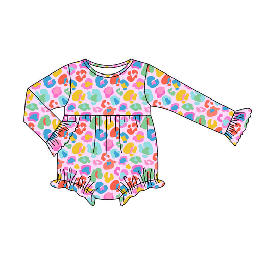 presale LR2430 Baby Girls Long Sleeves Colorful Leopard Ruffle Rompers D 7.14