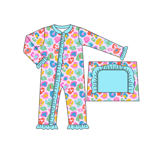 presale LR2431 Baby Girls Long Sleeves Colorful Leopard Ruffle Zipper Rompers D 7.14
