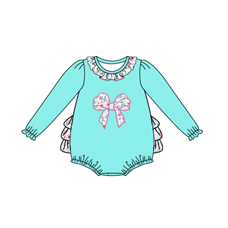 LR2432  Baby Girls Aqua Long Sleeves Floral Bows Ruffle Rompers D 1023
