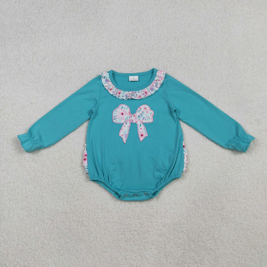 LR2432  Baby Girls Aqua Long Sleeves Floral Bows Ruffle Rompers D 1023