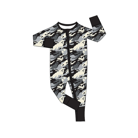 presale LR2434 Baby Boys Long Sleeves Black Camo Ghost Smiles Zipper Rompers D 7.15