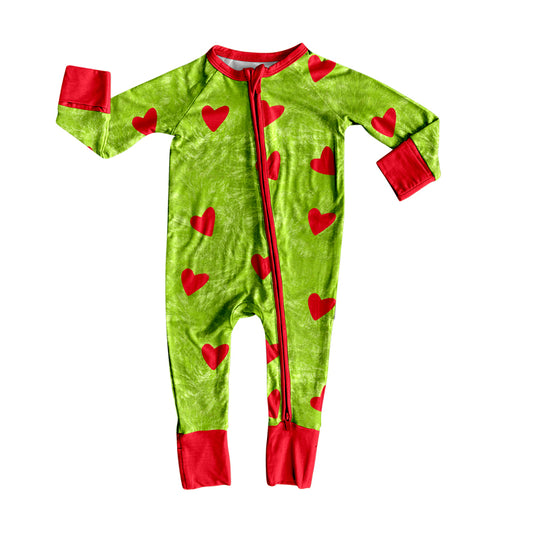 presale LR2435 Baby Boys Green Long Sleeves Hearts Plaid Zipper Rompers  D 7.15