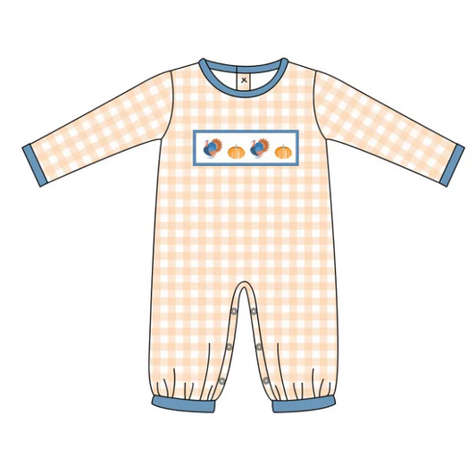 presale LR2437 Baby Boys Plaid Long Sleeves Turkey Pumpkins Pant Rompers D 7.15