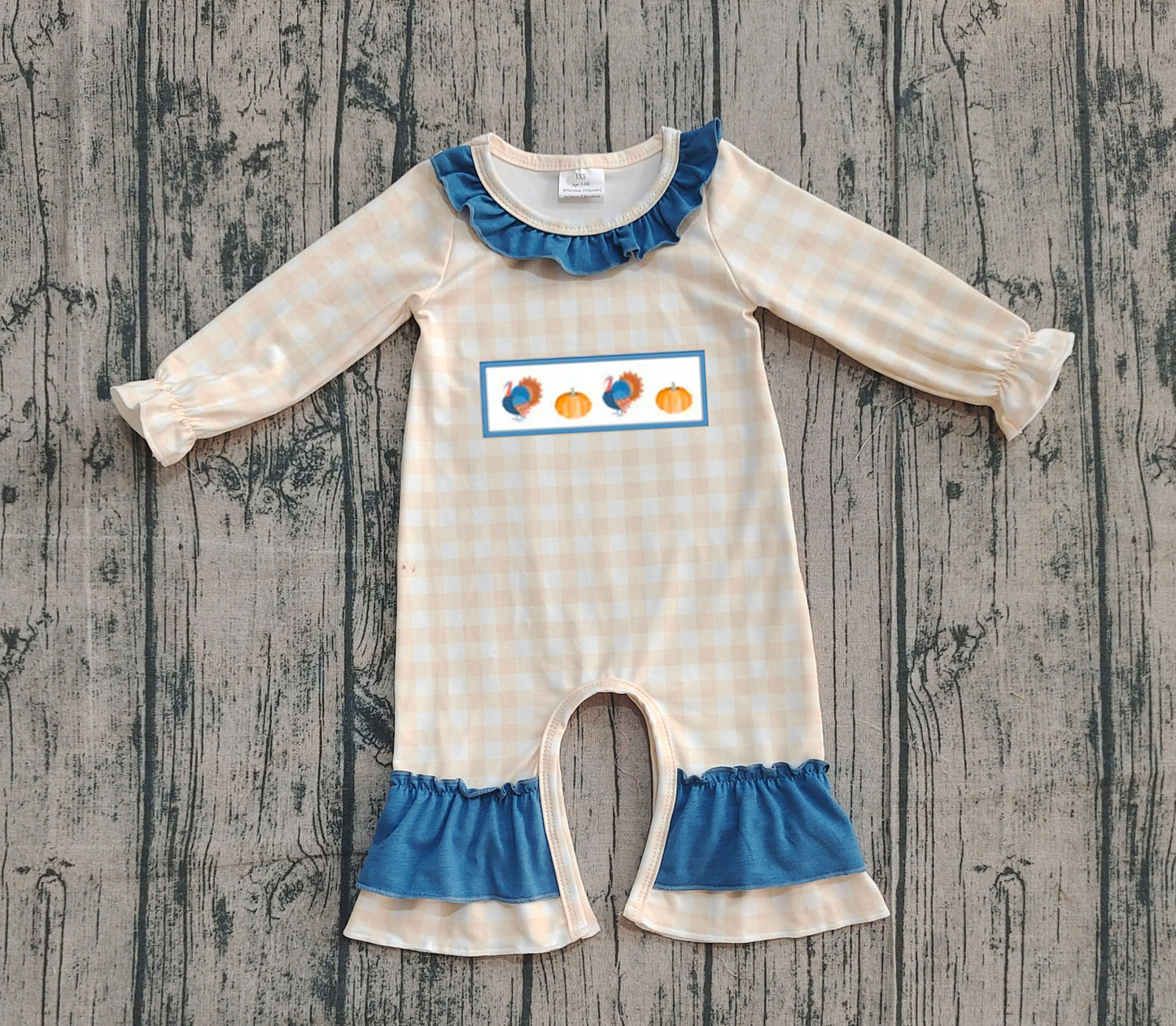 LR2438 Baby Girls Plaid Long Sleeves Turkey Pumpkins Ruffle Pant Rompers  D 1022