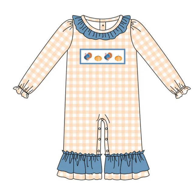 LR2438 Baby Girls Plaid Long Sleeves Turkey Pumpkins Ruffle Pant Rompers  D 1022