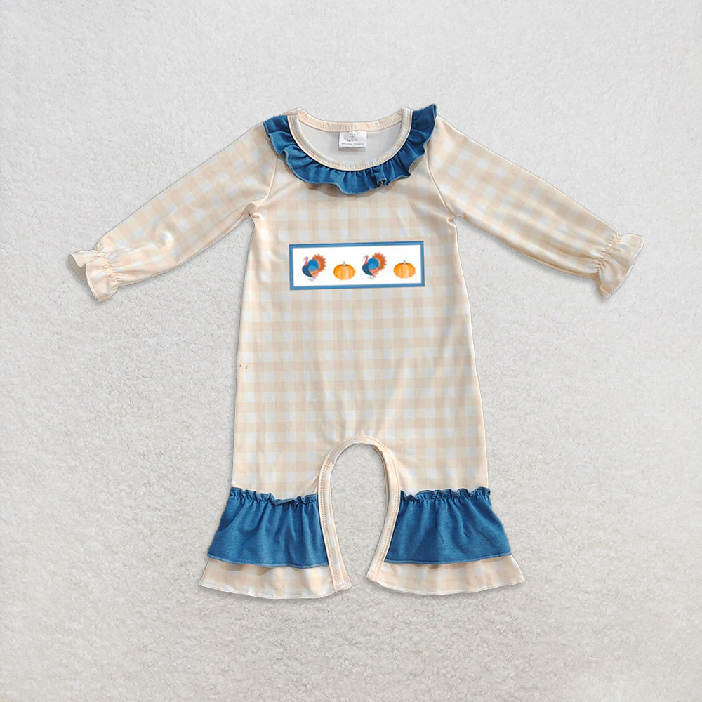 Sibling Embroidery Turkey Pumpkins Baby Boys Girls Thanksgiving Clothes Sets Ruffle Footie Rompers D 1020