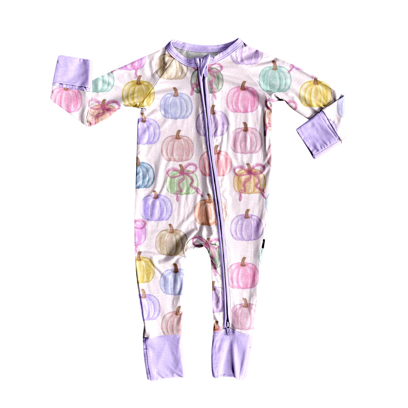 LR2442 Baby Girls Long Sleeves Colorful Bows Pumpkins Zipper Rompers  D 7.15