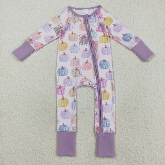 LR2442 Baby Girls Long Sleeves Colorful Bows Pumpkins Zipper Rompers  D 7.15