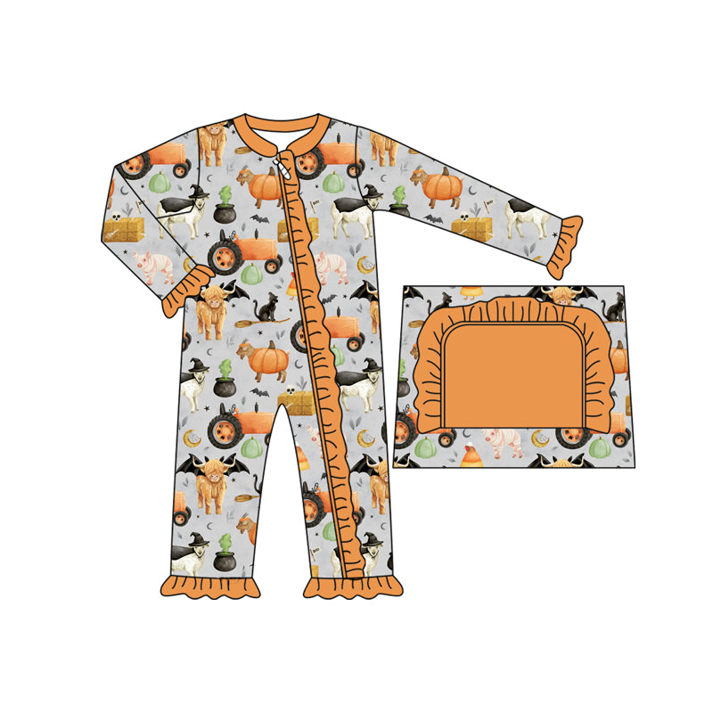presale LR2443 Baby Girls Long Sleeves Bats Farm Pumpkins Ruffle Zipper Rompers  D 7.15