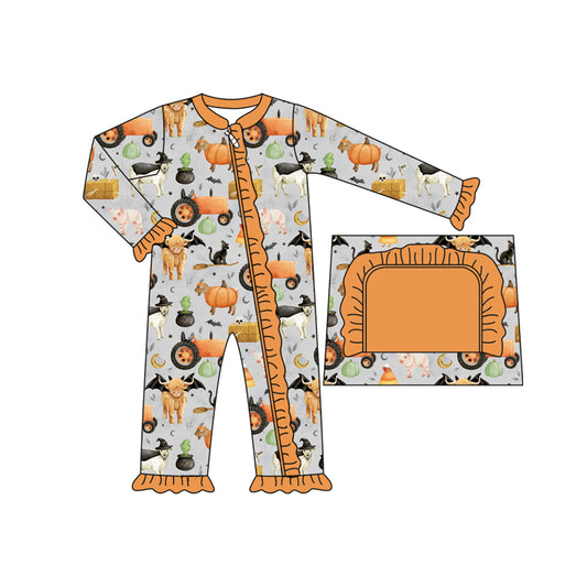 presale LR2443 Baby Girls Long Sleeves Bats Farm Pumpkins Ruffle Zipper Rompers D 7.15