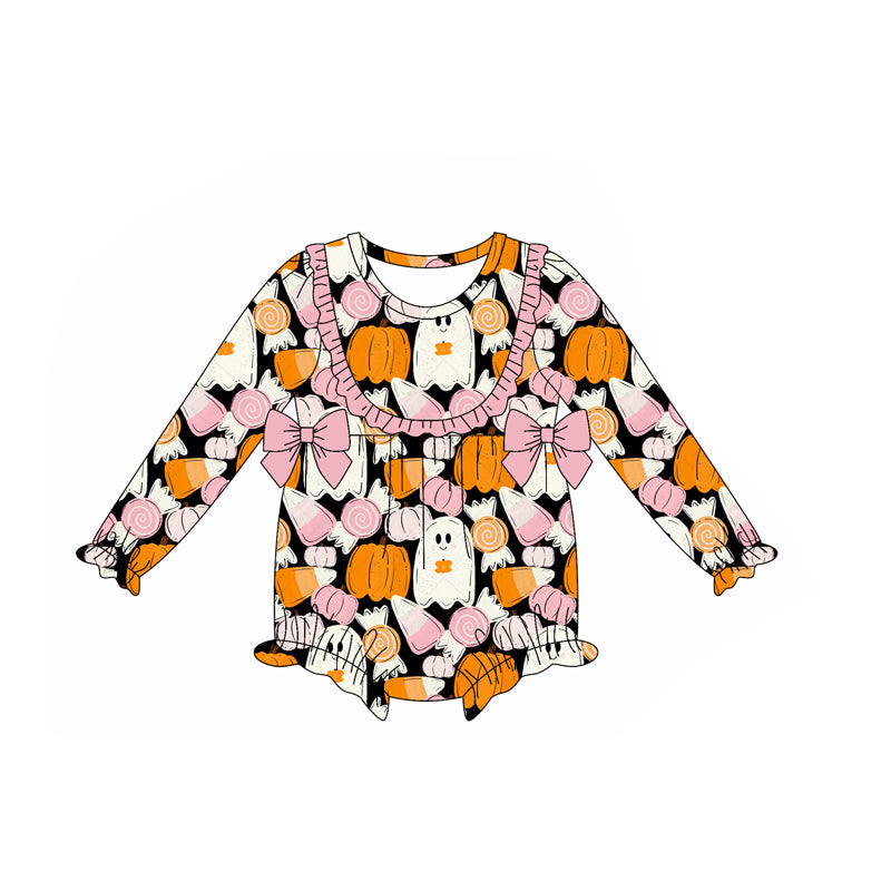 presale LR2445  Baby Girls Long Sleeves Ghosts Pumpkins Bows Ruffle Rompers D 7.15