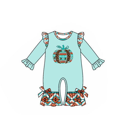 presale LR2452 Baby Girls Light Blue Long Sleeves Leopard Pumpkins Ruffle Pant Rompers D 7.16