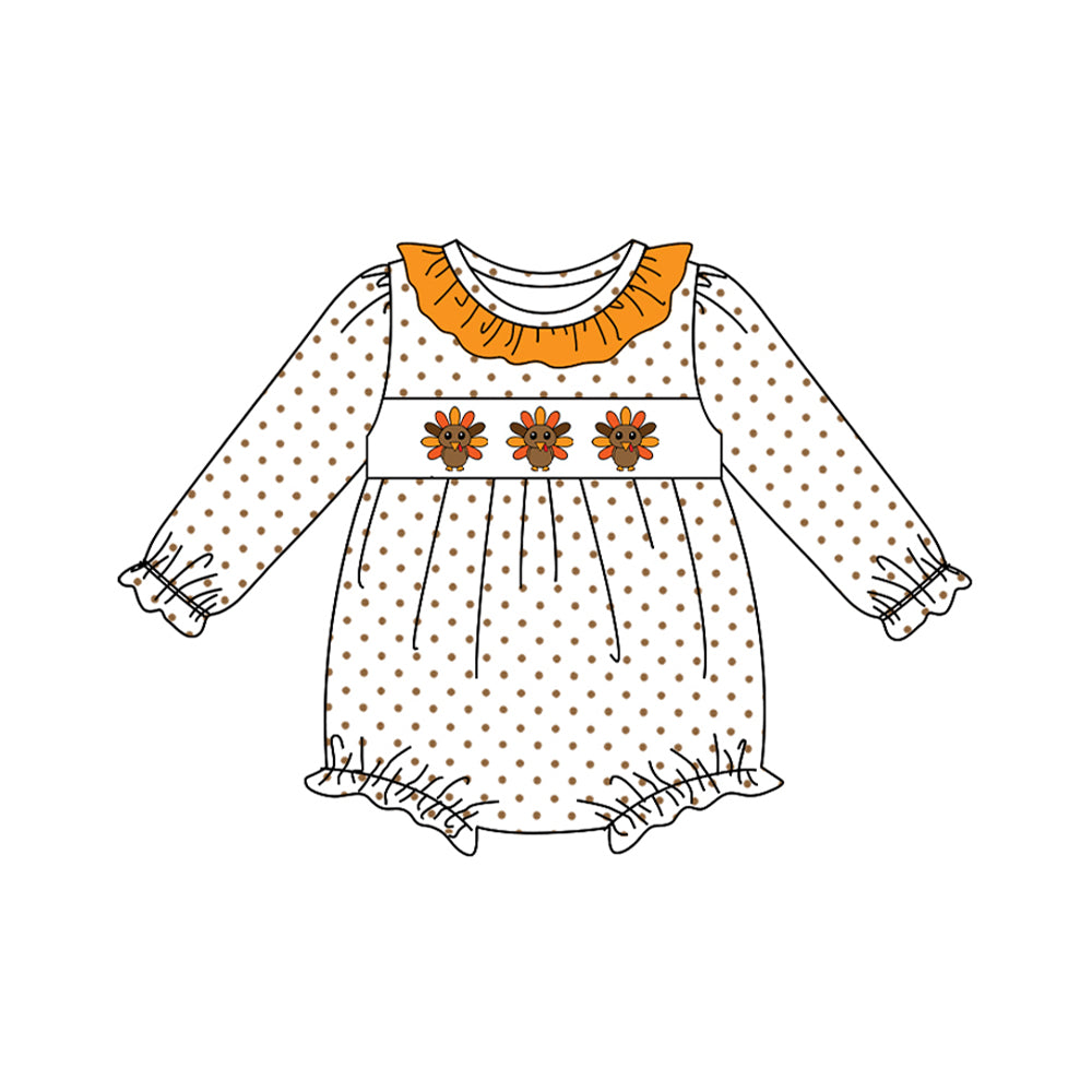 presale LR2457 Baby Girls Long Sleeves Turkey Polka Dots Ruffle Rompers  D 7.16