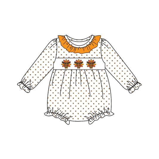 presale LR2457 Baby Girls Long Sleeves Turkey Polka Dots Ruffle Rompers D 7.16