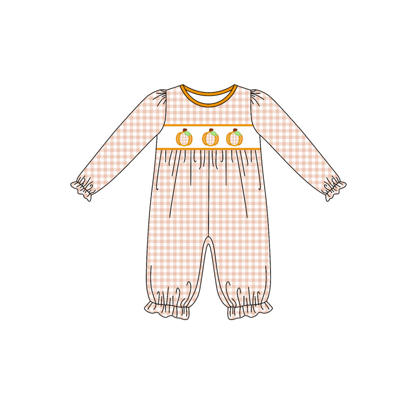 presale LR2458 Baby Girls Long Ruffle Sleeves Plaid Pumpkins Pant Rompers  D 7.16