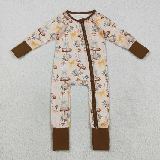 LR2462 Baby Boys Long Sleeves Pumpkins Patch Bows Zipper Pant Rompers D 822