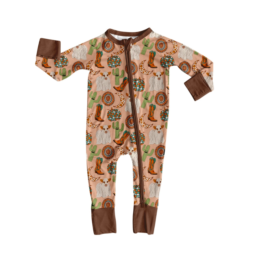 LR2463  Baby Boys Long Sleeves Cactus Boots Cows Zipper Pant Rompers  D 822