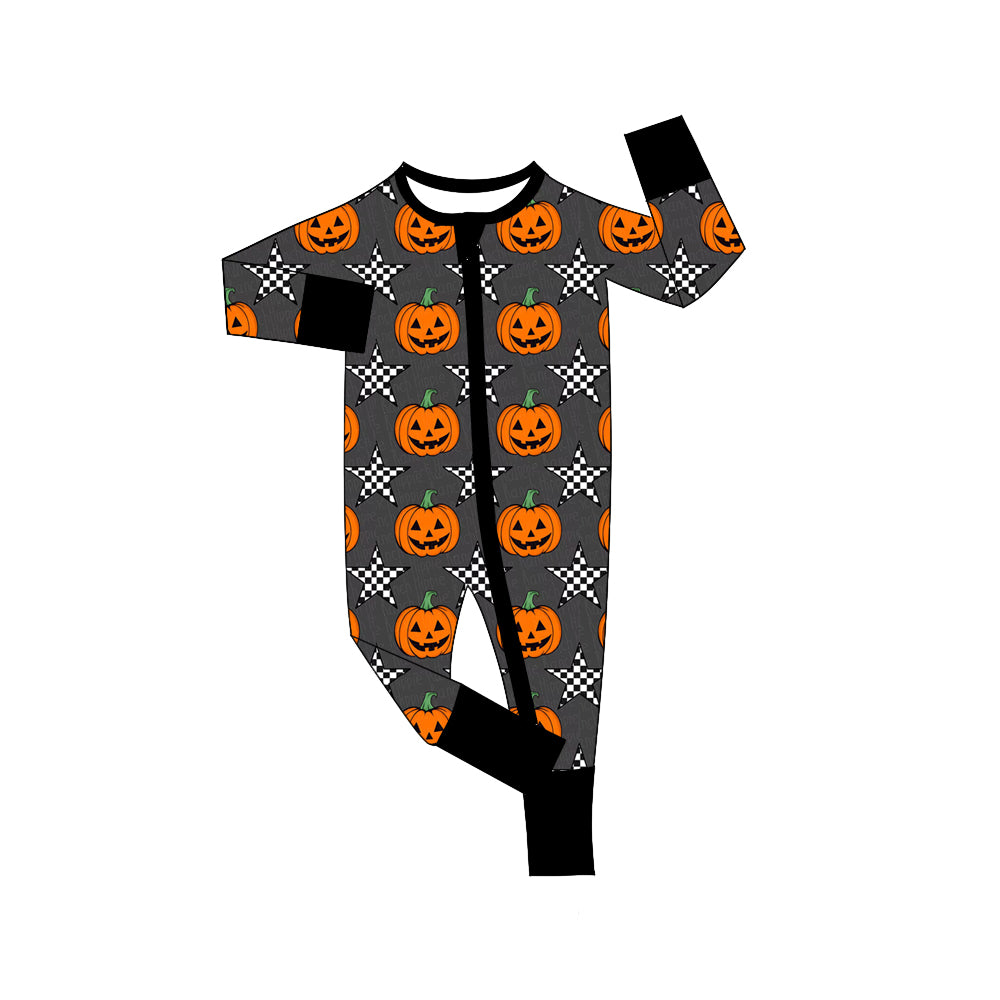 LR2464  Baby Boys Long Sleeves Plaid Stars Pumpkins Zipper Pant Rompers  D 821